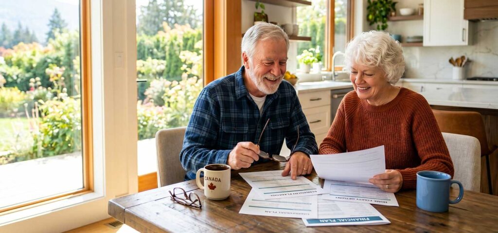 Retired Canadian homeowners reviewing financial documents together while planning for retirement