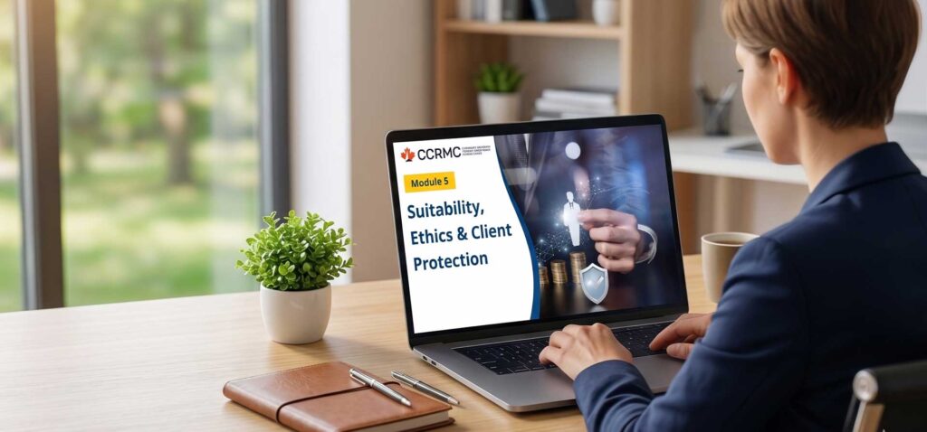 Professional completing online CCRMC Training on a laptop to learn about reverse mortgages and retirement financing in Canada.
