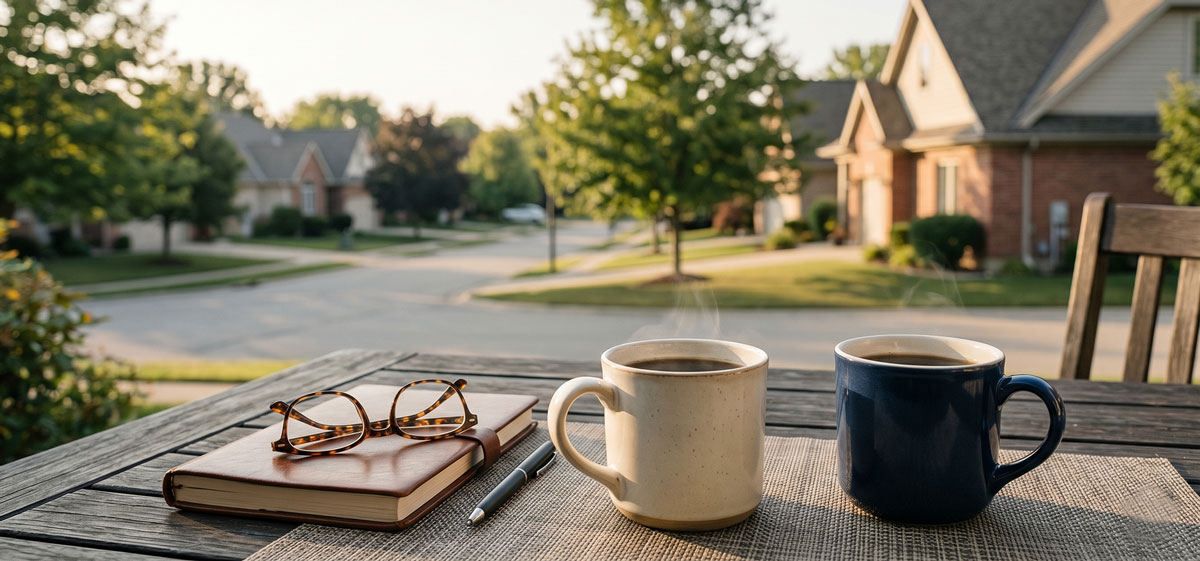 Communication skills in retirement planning conversations in Canada represented by a peaceful outdoor setting with coffee cups, notebook, and neighborhood view.
